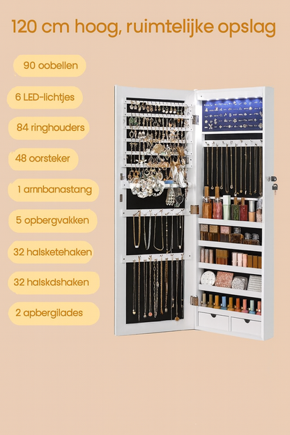 Lecce Spiegelende Sieradenkast met LED-verlichting – Hangend Wandontwerp-Ruimtebesparende Wand-Sieradenkast met Spiegel