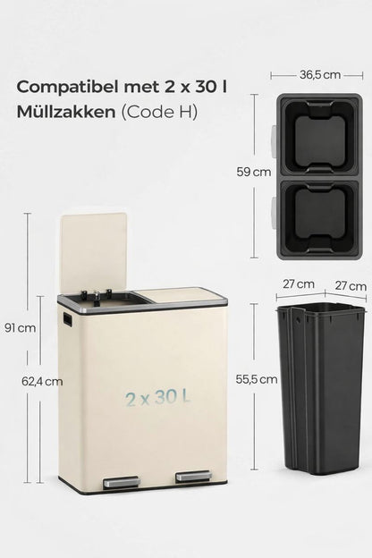 Signature Home Afvalbak 60L met Afvalscheiding – 2 Compartimenten (2 × 30 Liter) – Met Deksel en Binnenemmers