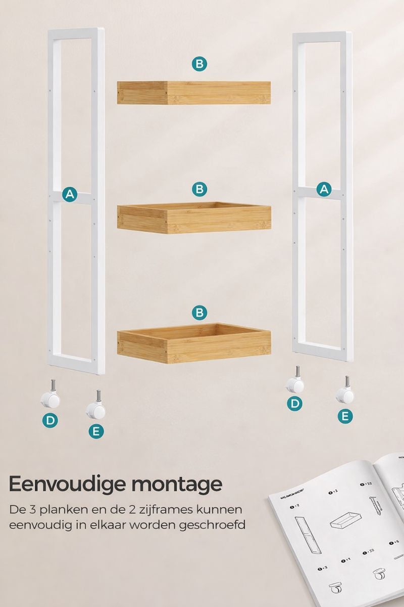 3-Laags Badkamerrek – Smal Ruimtebesparend Opbergrek in Wit/Natuurlijk voor Kleine Badkamers