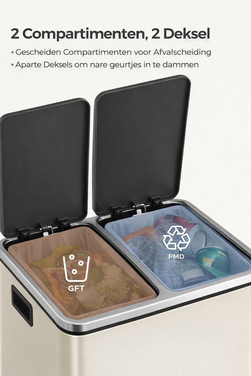 Signature Home Afvalscheidingssysteem met 2 Compartimenten – 2 × 15 L Afvalbak met Deksel, Zandbeige & Inktzwart