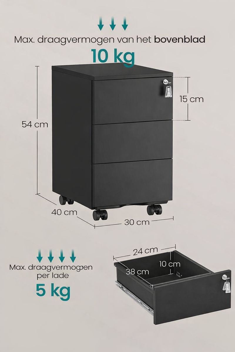 Ladekast met 3 Lades Mat Zwart – Moderne Opbergkast / Commode – 40 x 30 x 54 cm – Compacte Kast voor Slaapkamer, Woonkamer of Kantoor