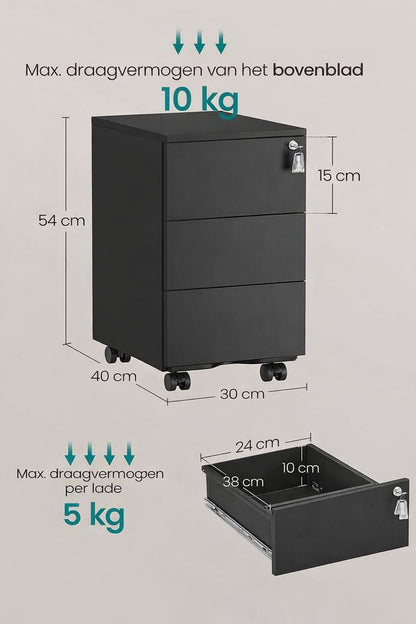 Ladekast met 3 Lades Mat Zwart – Moderne Opbergkast / Commode – 40 x 30 x 54 cm – Compacte Kast voor Slaapkamer, Woonkamer of Kantoor