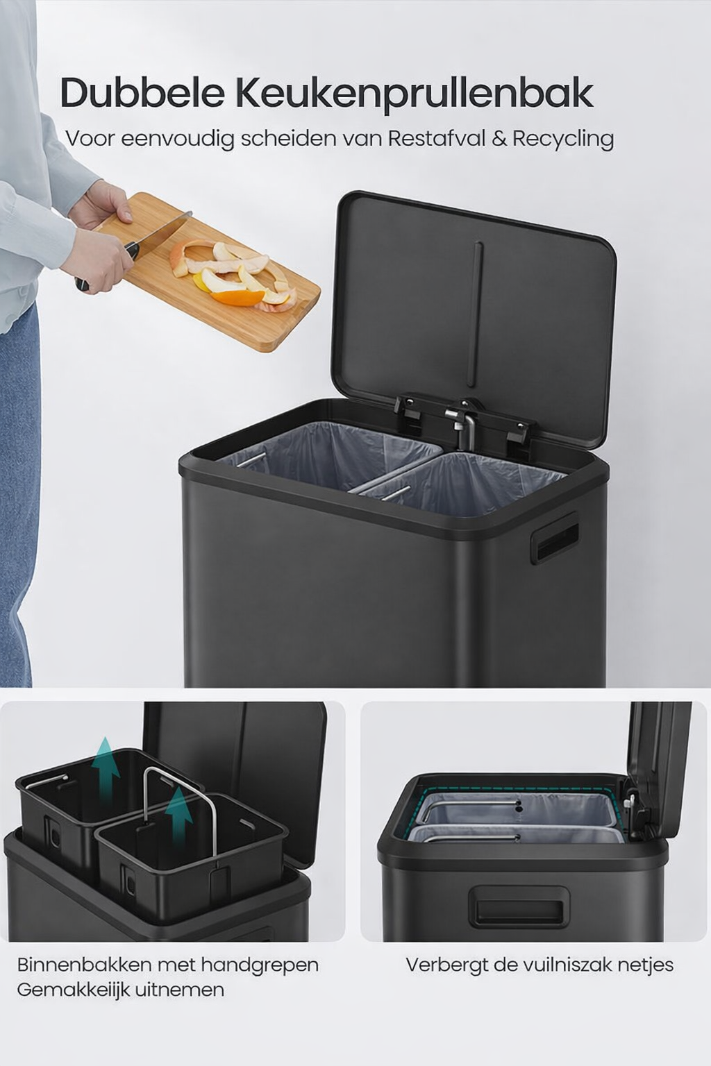 Signature Home Afvalscheidingssysteem 2 x 15L – Dubbele Prullenbak met Deksel en Pedaal, Inktzwart, Voor Recycling & Restafval