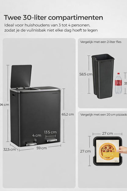 Signature Home Afvalscheidingsbak 60 liter (2 x 30 L) – Zwart, Dubbel Compartiment-Prullenbak
