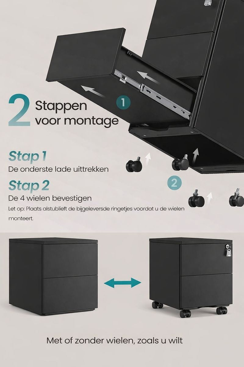 Ladekast met 3 Lades Mat Zwart – Moderne Opbergkast / Commode – 40 x 30 x 54 cm – Compacte Kast voor Slaapkamer, Woonkamer of Kantoor