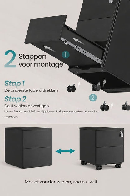 Ladekast met 3 Lades Mat Zwart – Moderne Opbergkast / Commode – 40 x 30 x 54 cm – Compacte Kast voor Slaapkamer, Woonkamer of Kantoor