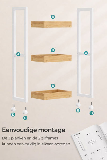 3-Laags Badkamerrek – Smal Ruimtebesparend Opbergrek in Wit/Natuurlijk voor Kleine Badkamers