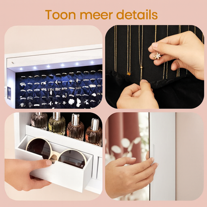 Lecce Spiegelende Sieradenkast met LED-verlichting – Hangend Wandontwerp-Ruimtebesparende Wand-Sieradenkast met Spiegel