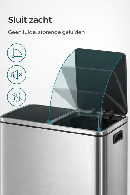 Signature Home Vuilnisbak Afvalscheiding 60 L (2×30 L) – Zwart en zilver-Prullenbak met Pedaal