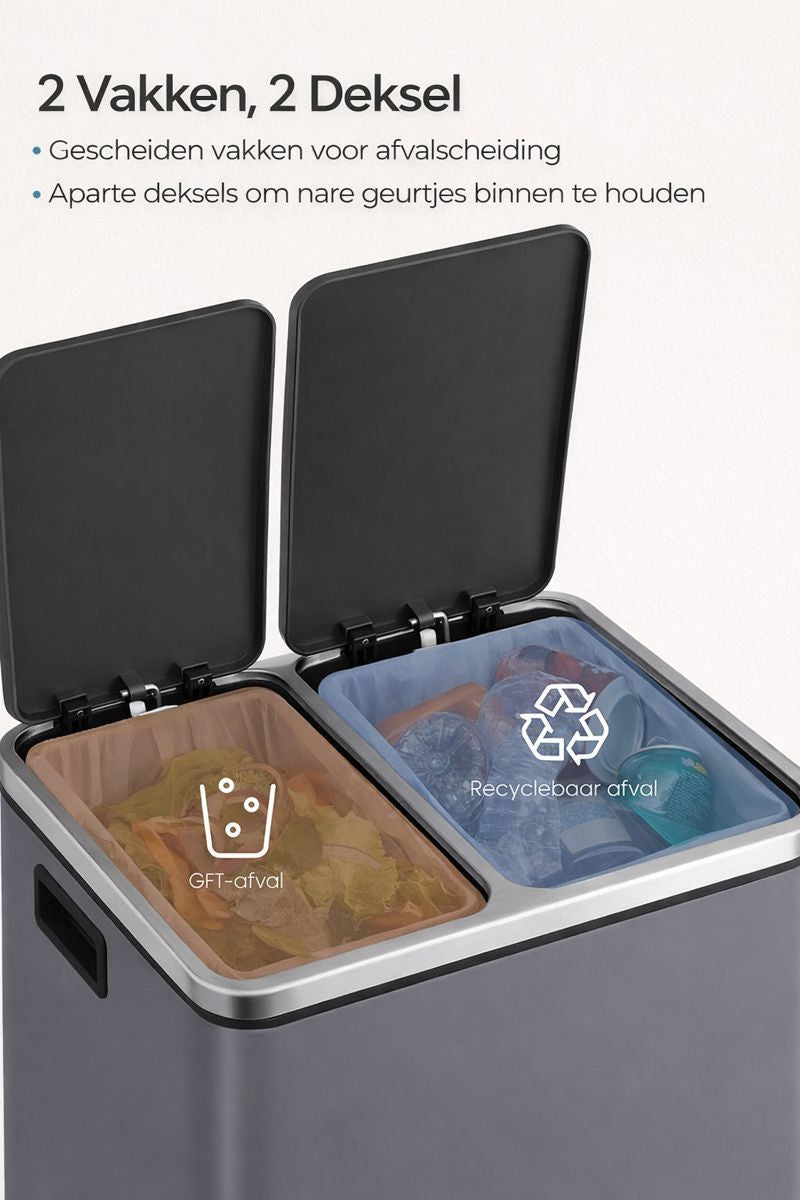 Signature Home Keuken Prullenbak 2 × 15 Liter – Afvalscheidingsbak met 2 Compartimenten en Deksel