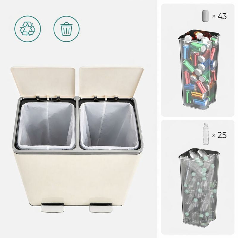 Signature Home Dubbele Afvalbak 60 Liter (2×30 L) met Deksel en Uitneembare Binnenemmers – Crèmewit