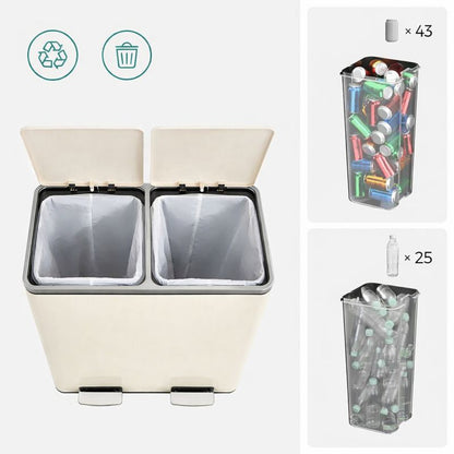 Signature Home Dubbele Afvalbak 60 Liter (2×30 L) met Deksel en Uitneembare Binnenemmers – Crèmewit