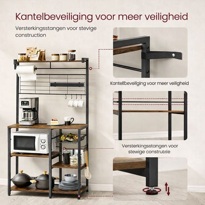 Industrieel Keuken Wandrek met Magnetische Messenhouder en 12 Haken – Vintage Bruin-Zwart