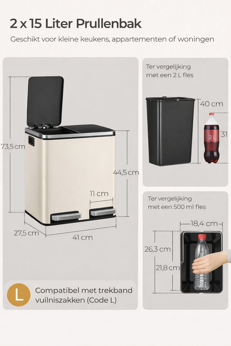 Signature Home Afvalscheidingssysteem met 2 Compartimenten – 2 × 15 L Afvalbak met Deksel, Zandbeige & Inktzwart