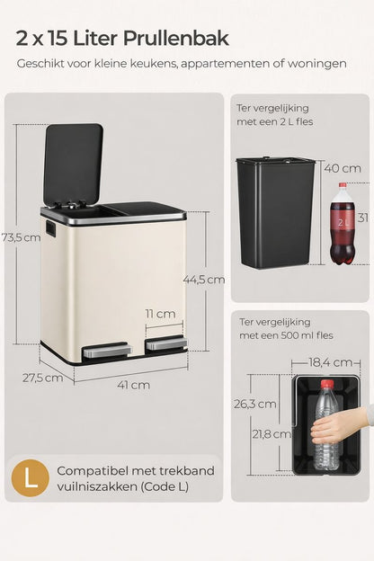 Signature Home Afvalscheidingssysteem met 2 Compartimenten – 2 × 15 L Afvalbak met Deksel, Zandbeige & Inktzwart