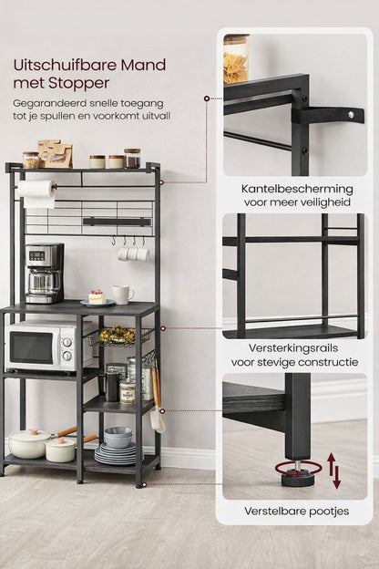 Keuken Wandplank met Magnetische Messenstrip & 12 Haken – Ebbenhout-Zwart Industrieel|Multifunctionele Keukenplank