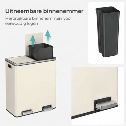 Signature Home Afvalbak 60L met Afvalscheiding – 2 Compartimenten (2 × 30 Liter) – Met Deksel en Binnenemmers