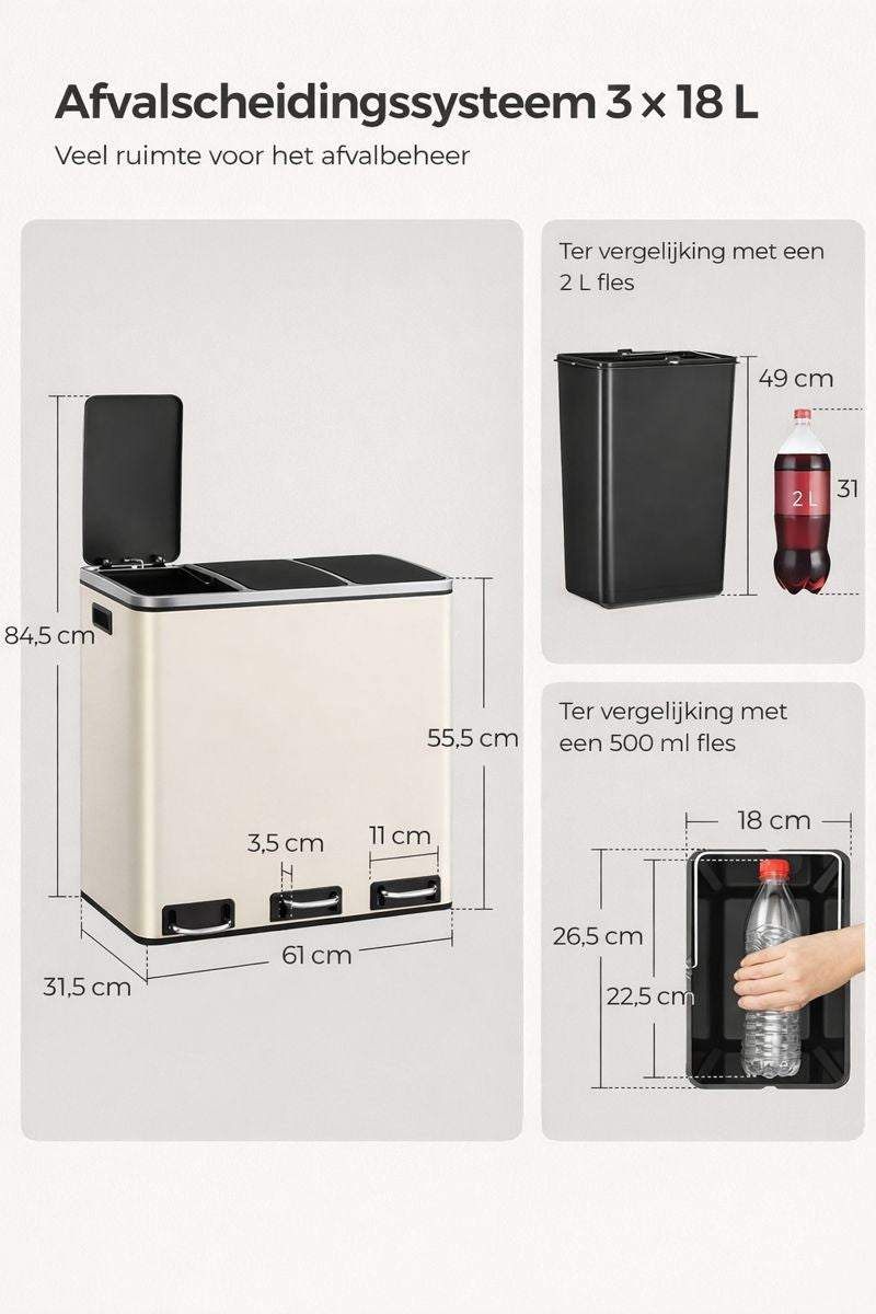 Signature Home Afvalscheidingssysteem 54 Liter (3 × 18 L) met 3 Deksel – Afvalemmer voor Recycling – Zandbeige