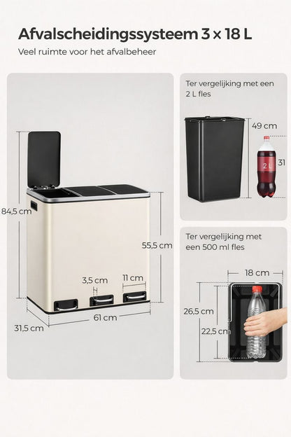 Signature Home Afvalscheidingssysteem 54 Liter (3 × 18 L) met 3 Deksel – Afvalemmer voor Recycling – Zandbeige