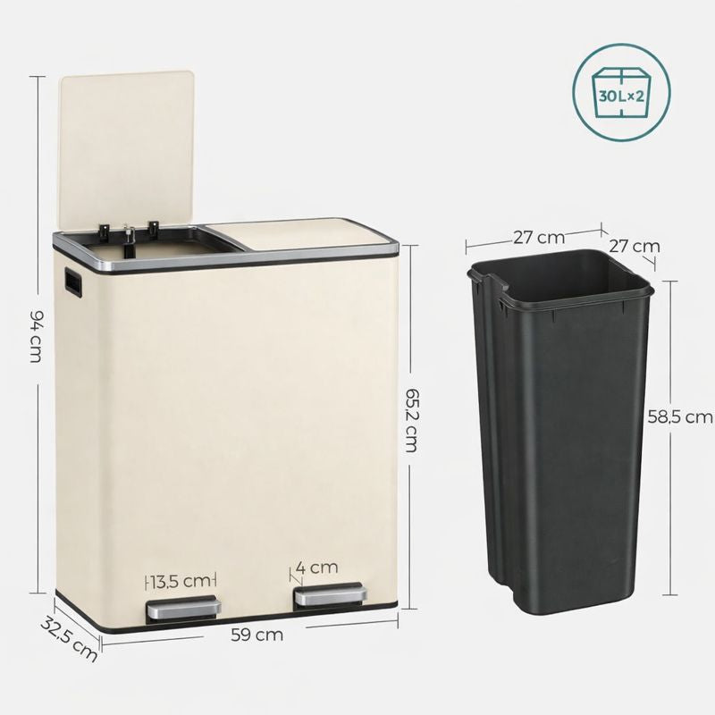 Signature Home Dubbele Afvalbak 60 Liter (2×30 L) met Deksel en Uitneembare Binnenemmers – Crèmewit