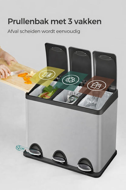 Signature Home Prullenbak Keuken 24L (3×8L) – Afvalscheidingsbak met 3 Vakken, Pedaalemmer met Deksel