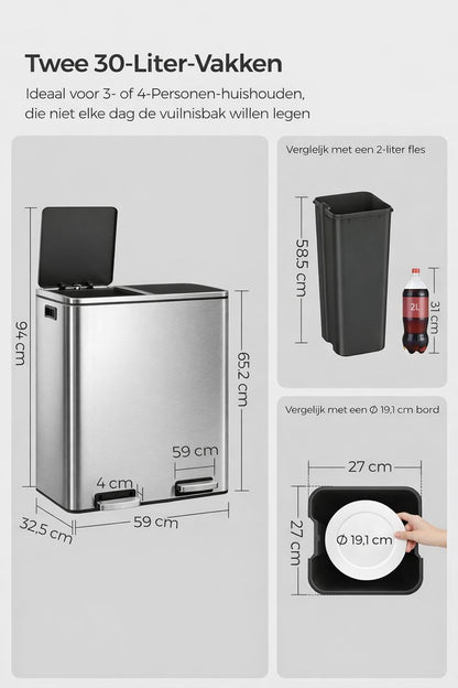 Signature Home Vuilnisbak Afvalscheiding 60 L (2×30 L) – Zwart en zilver-Prullenbak met Pedaal