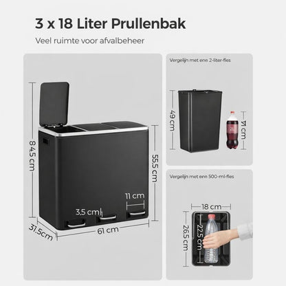Signature Home Prullenbak met 3 Compartimenten – Afvalbak voor Afvalscheiding – 3-Vaks Vuilnisbak voor Keuken, Kantoor of Thuis – Recycling Prullenbak