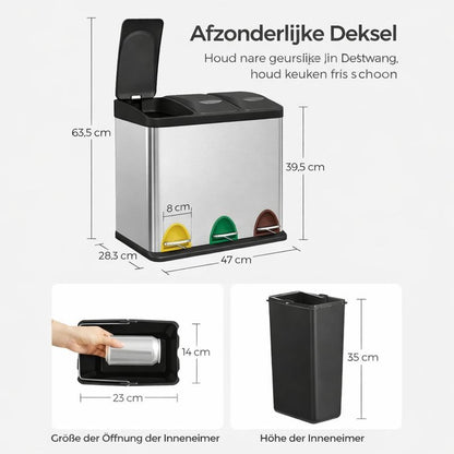 Signature Home Afvalscheider 24L met 3 Compartimenten – 3 × 8 Liter Afvalbak voor Afvalscheiding – Keuken Prullenbak