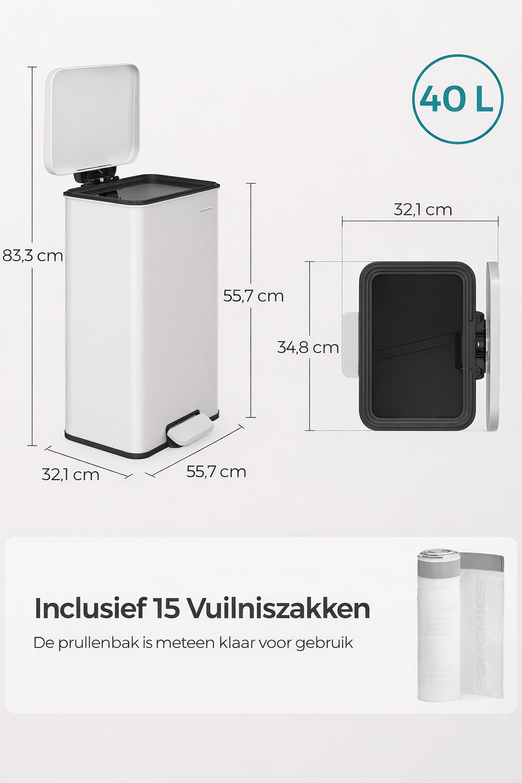 Signature Home Witte Pedaalemmer 40 Liter – Keuken Prullenbak met Softclose Deksel|Moderne Keuken Prullenbak