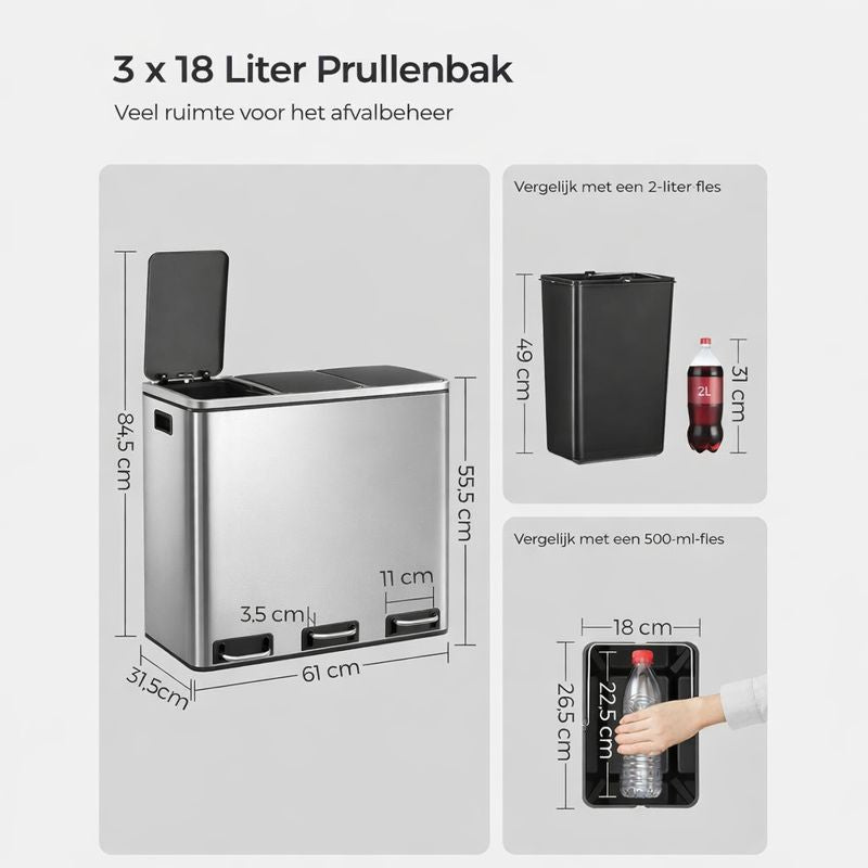 Signature Home Pedaalemmer 54 Liter (3 x 18 L) – Afvalscheidingsbak met 3 Compartimenten, Softclose Deksel en Binnenemmers