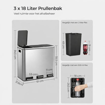 Signature Home Pedaalemmer 54 Liter (3 x 18 L) – Afvalscheidingsbak met 3 Compartimenten, Softclose Deksel en Binnenemmers