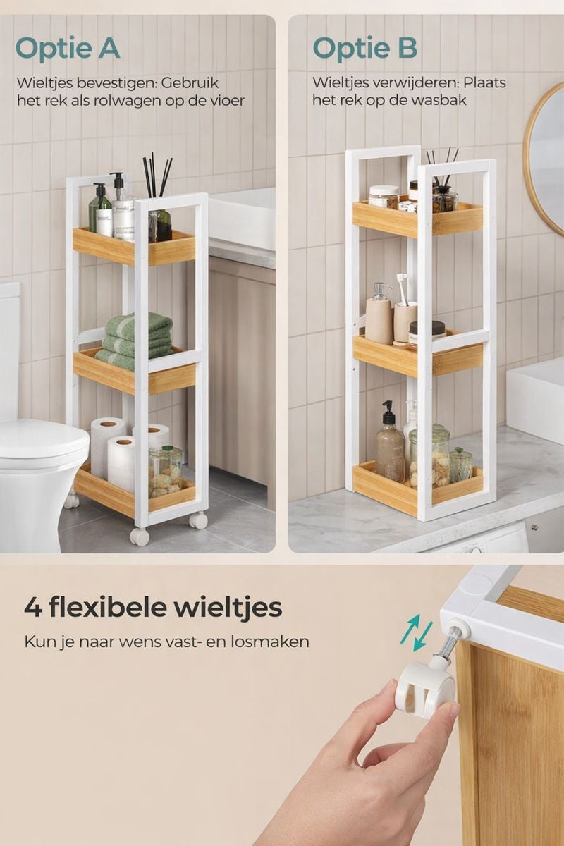 3-Laags Badkamerrek – Smal Ruimtebesparend Opbergrek in Wit/Natuurlijk voor Kleine Badkamers