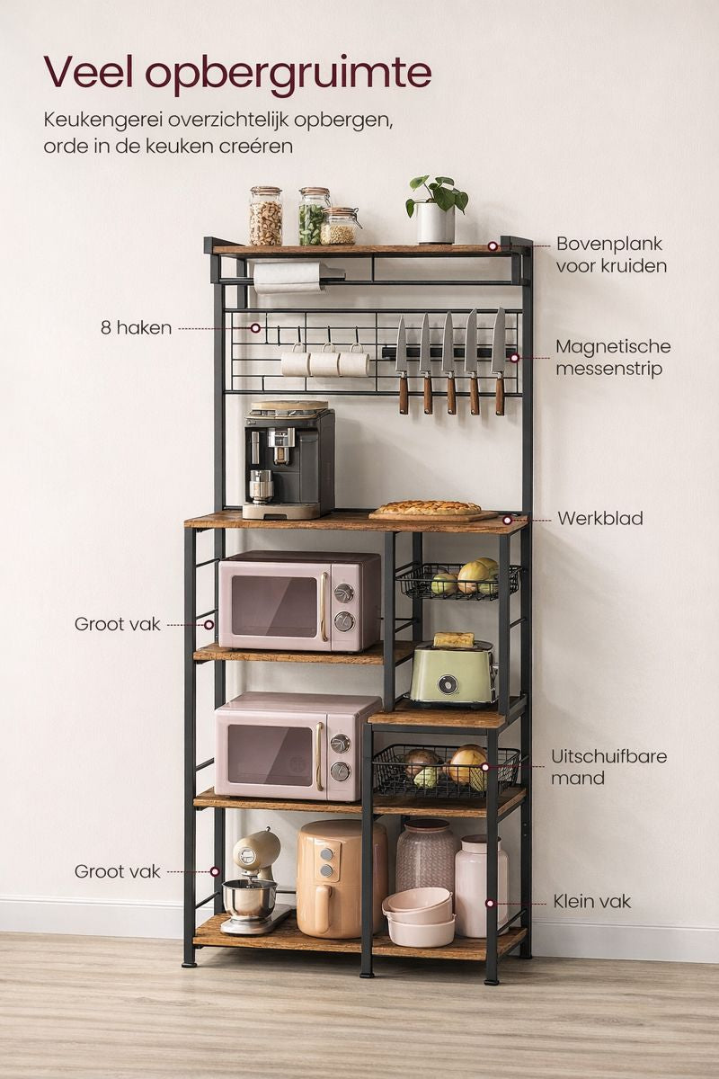 Industrieel Keuken Wandrek met Magnetische Messenhouder en 12 Haken – Vintage Bruin-Zwart
