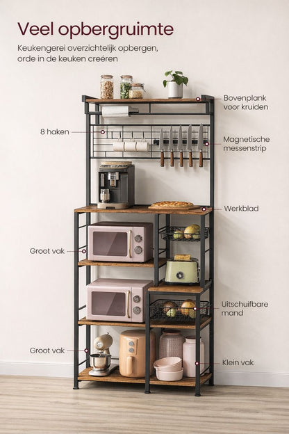 Industrieel Keuken Wandrek met Magnetische Messenhouder en 12 Haken – Vintage Bruin-Zwart