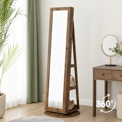 Fowey Sieradenkast 360° Draaibaar – Vintage Brown Juwelenkast met Grote Opbergruimte en Spiegel