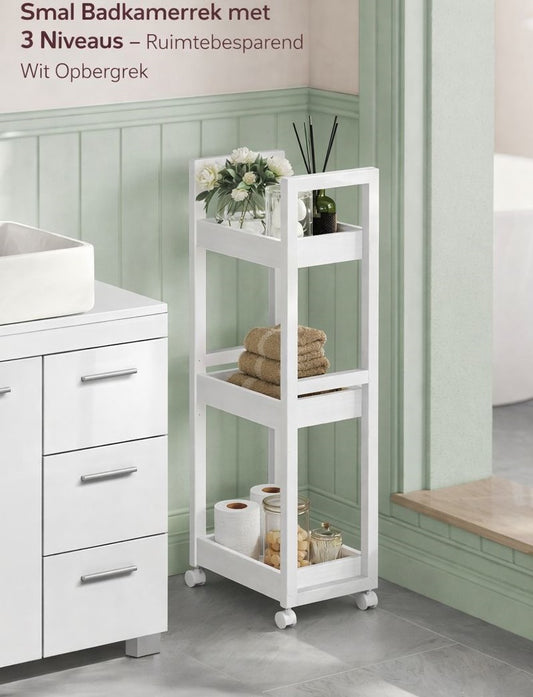 3-Niveaus Badkamerrek Wit – Smal en Ruimtebesparend Opbergsysteem|Smal Opbergrek voor Kleine Badkamers