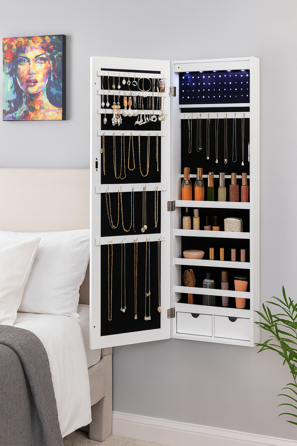 Lecce Spiegelende Sieradenkast met LED-verlichting – Hangend Wandontwerp-Ruimtebesparende Wand-Sieradenkast met Spiegel