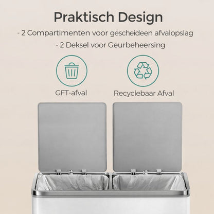 Signature Home Afvalbak 2 x 30 Liter met 2 Compartimenten – Dubbele Prullenbak voor Afvalscheiding