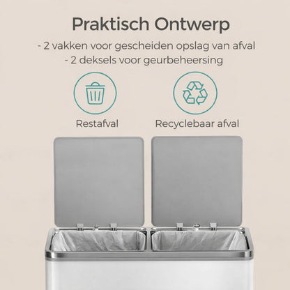 Signature Home Vuilnisbak 60L met 2 compartimenten – Dubbele prullenbak voor afvalscheiding in keuken of kantoor