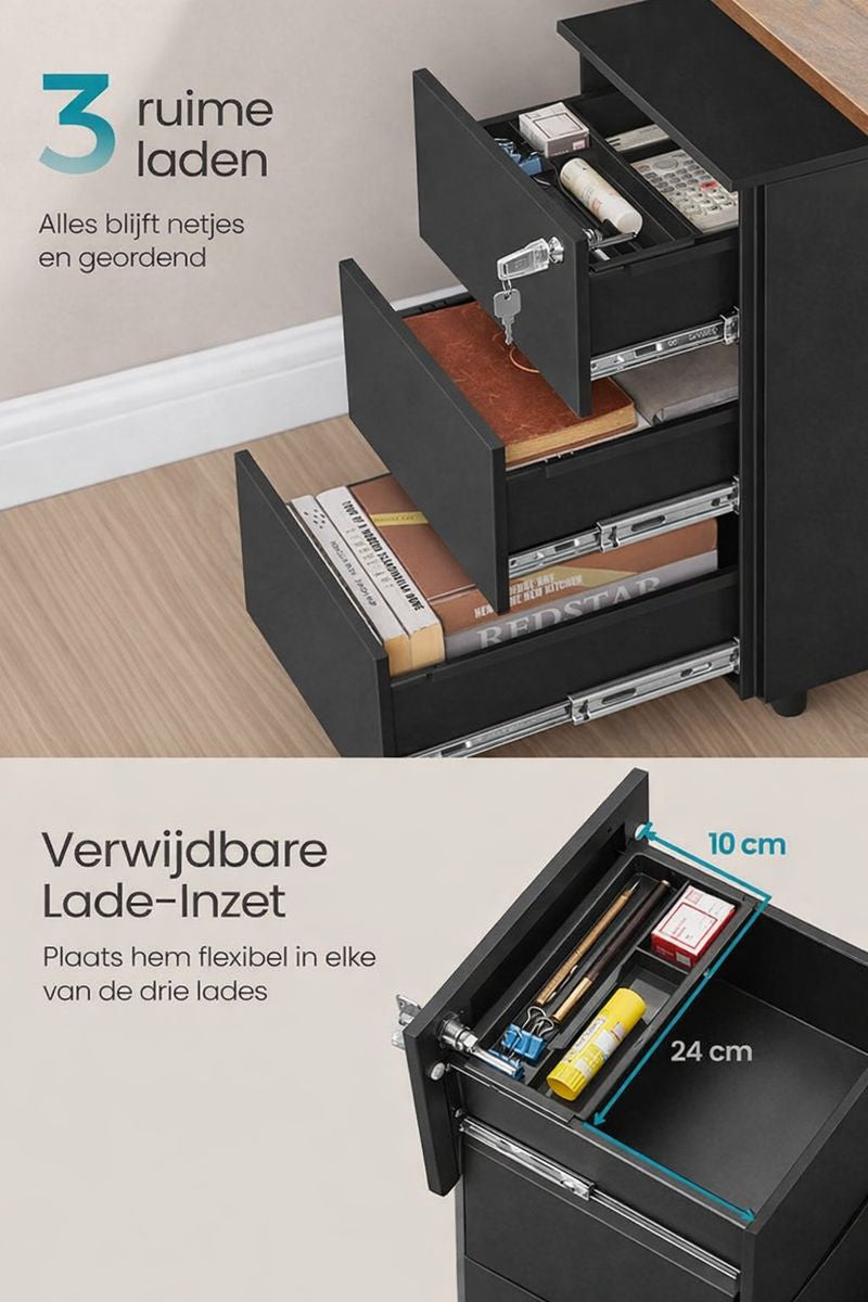 Ladekast met 3 Lades Mat Zwart – Moderne Opbergkast / Commode – 40 x 30 x 54 cm – Compacte Kast voor Slaapkamer, Woonkamer of Kantoor