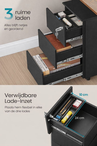 Ladekast met 3 Lades Mat Zwart – Moderne Opbergkast / Commode – 40 x 30 x 54 cm – Compacte Kast voor Slaapkamer, Woonkamer of Kantoor