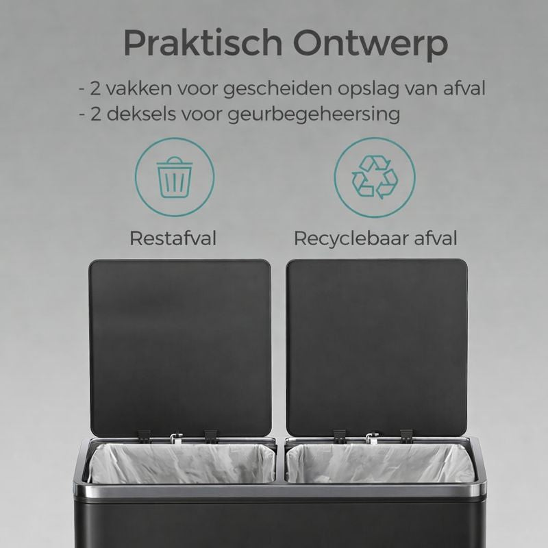 Signature Home Afvalbak 60L (2×30L) – Vuilnisbak met 2 Compartimenten – Afvalscheiding