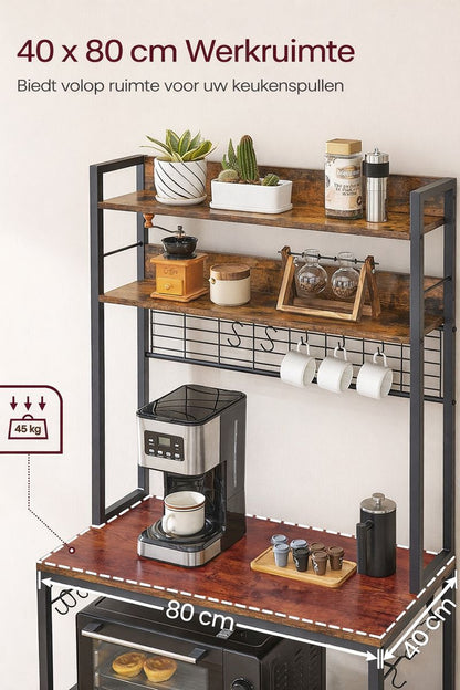 Vintage Keuken Wandplank met Stopcontacten & Rasterpaneel – Bruin-Zwart Industrieel Design|Multifunctionele Keukenplank met Stopcontacten & Metalen Grid