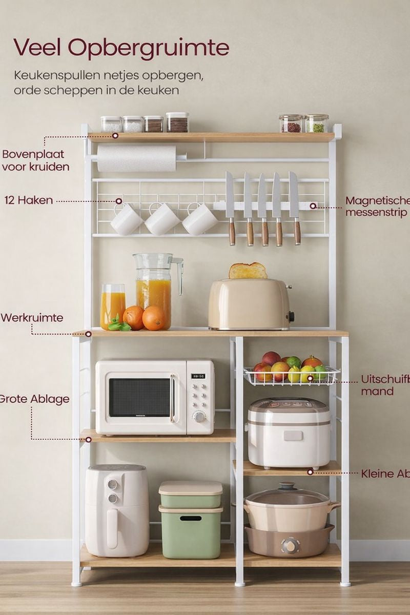 Vrijstaande Keukenkast met Keukenrolhouder & 12 Haken – Praktisch Opbergrek voor de Keuken|Multifunctioneel Keukenrek