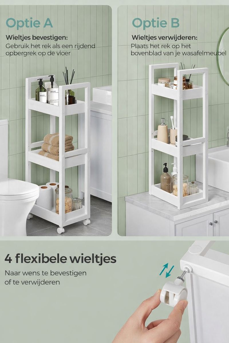 Smal Badkamerrek 3-Laags – Ruimtebesparende Badkamer Shelf – Wit Opbergmeubel