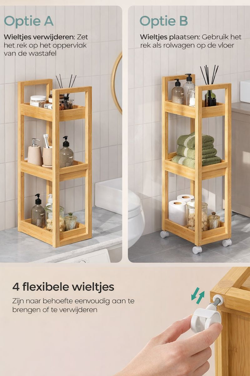3-Laags Badkamerrek – Smal Ruimtebesparend Opbergrek in Naturel Beige voor Kleine Badkamers