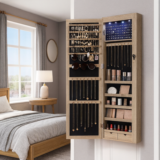 Venice Sieradenkast met Spiegel voor Wandmontage – Praktische Juwelen Organizer met Ringenrek, Kettinghaakjes en Extra Opbergruimte