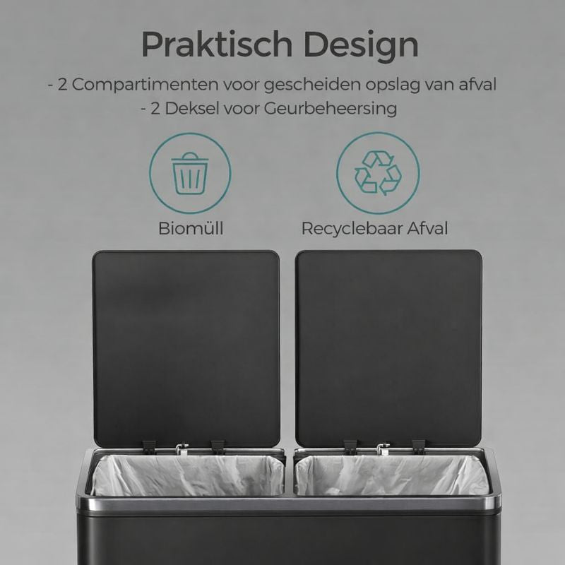 Signature Home Afvalbak 2 x 30 Liter – Dubbele Prullenbak met 2 Compartimenten voor Afvalscheiding