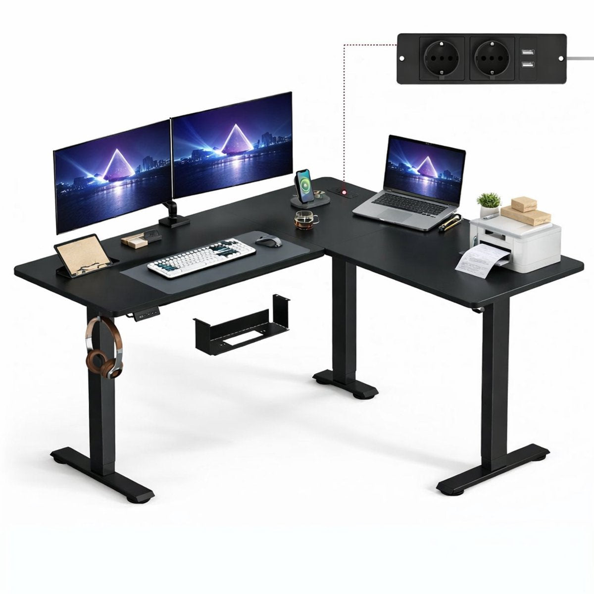 Signature Home Zit-Sta Bureau - Elektrisch in hoogte verstelbaar hoekbureau met laadstation - hoekbureau L vormig - 160 x 140 cm - zwart