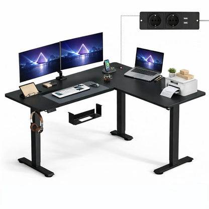 Signature Home Zit-Sta Bureau - Elektrisch in hoogte verstelbaar hoekbureau met laadstation - hoekbureau L vormig - 160 x 140 cm - zwart